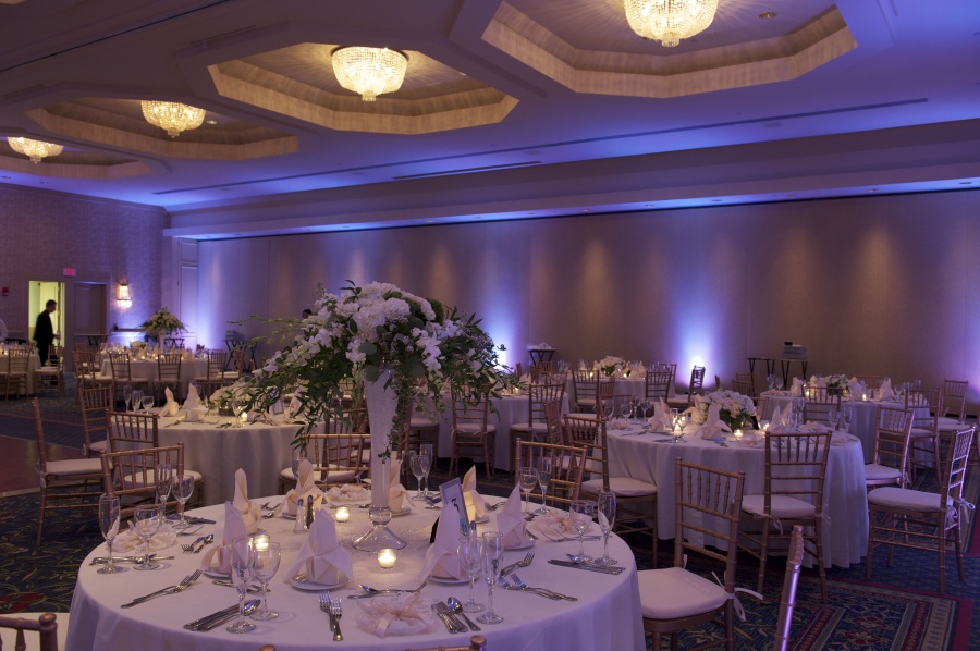 A banquet hall with tables and chairs, lights and flowers. A banquet hall with tables and chairs, lights and flowers.