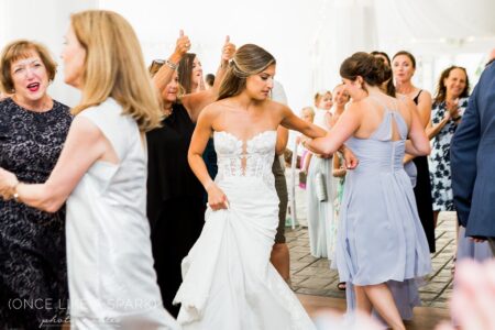 A group of people dancing in the middle of a room.