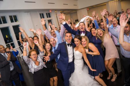 A group of people that are standing up in the air