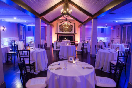 A room with tables and chairs in it