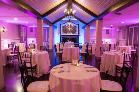 A room with tables and chairs in it