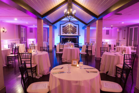 A room with tables and chairs in it