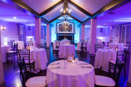 A room with tables and chairs in it